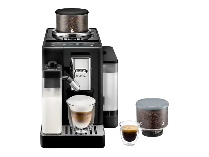 Cafetera superautomática - De'Longhi Rivelia EXAM440.55.B, 1450W, 19bar, Molinillo integrado, LatteCremaHot, Depósito leche, Táctil, 16 recetas, Negro