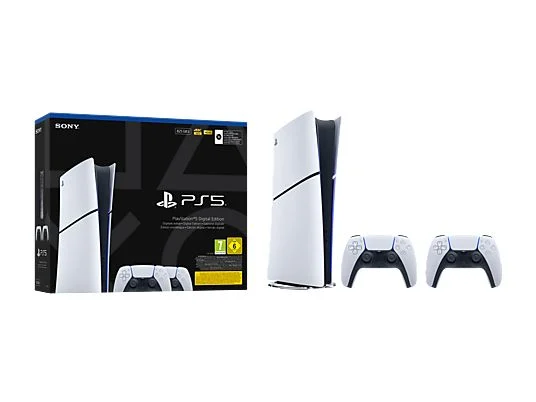 Consola - Sony PS5 Slim Digital Edition, 825 GB SSD, 4K, 2 mandos DualSense, Chasis E, Blanco